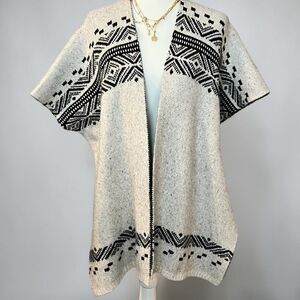 LOFT Aztec Tribal Knit Open Front Cardigan Sweater Poncho XS/S Black Gray Comfy